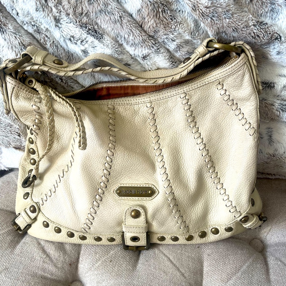 Isabella Fiore cream woven hobo leather bag